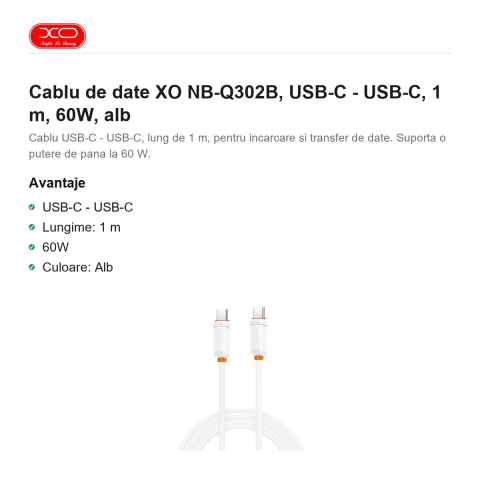 Cablu de date XO NB-Q302B, USB-C - USB-C, 1 m, 60W, alb [1]