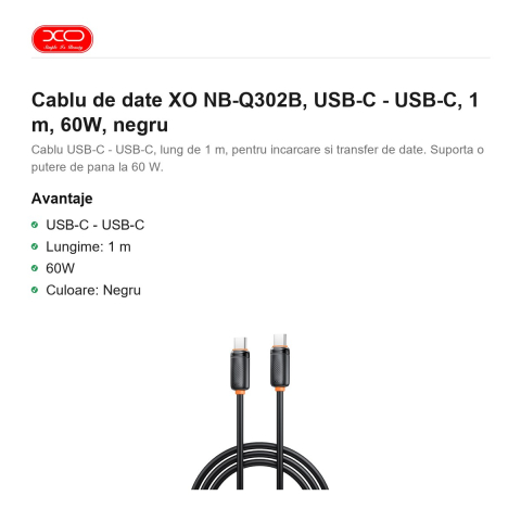 Cablu de date XO NB-Q302B, USB-C - USB-C, 1 m, 60W, negru [1]