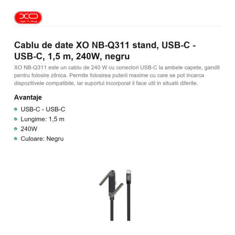 Cablu de date XO NB-Q311 stand, USB-C - USB-C, 1,5 m, 240W, negru [1]