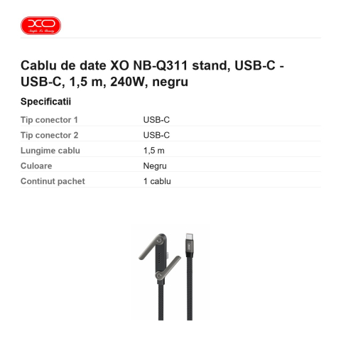 Cablu de date XO NB-Q311 stand, USB-C - USB-C, 1,5 m, 240W, negru [2]