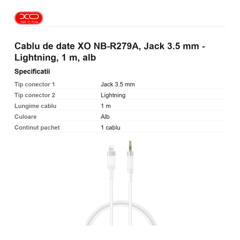 Cablu de date XO NB-R279A, Jack 3.5 mm - Lightning, 1 m, alb [2]