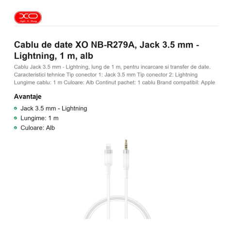 Cablu de date XO NB-R279A, Jack 3.5 mm - Lightning, 1 m, alb [1]
