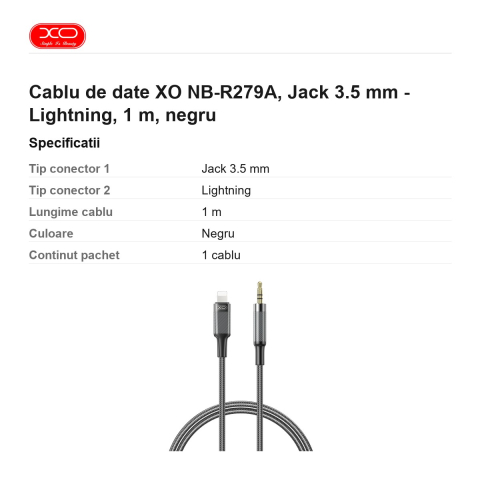 Cablu de date XO NB-R279A, Jack 3.5 mm - Lightning, 1 m, negru [2]