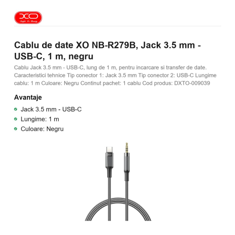 Cablu de date XO NB-R279B, Jack 3.5 mm - USB-C, 1 m, negru [1]