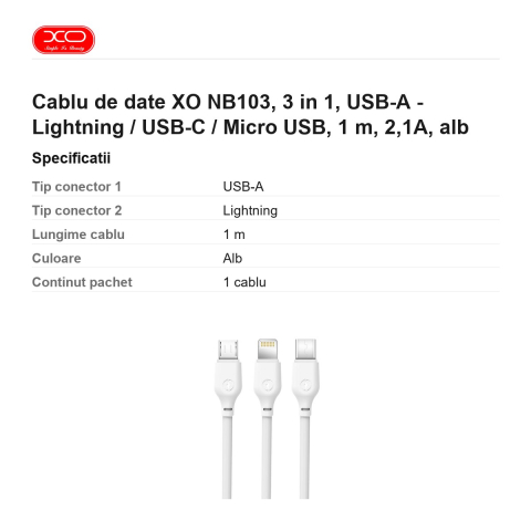 Cablu de date XO NB103, 3 in 1, USB-A - Lightning / USB-C / Micro USB, 1 m, 2,1A, alb [2]