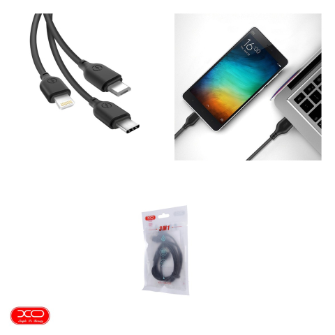 Cablu de date XO NB103, 3 in 1, USB-A - Lightning / USB-C / Micro USB, 1 m, 2,1A, negru [3]