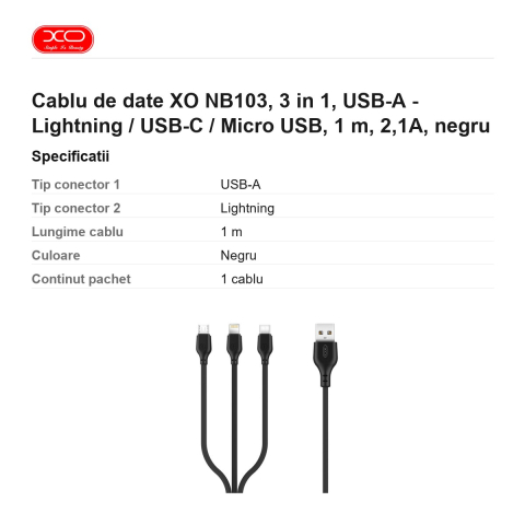 Cablu de date XO NB103, 3 in 1, USB-A - Lightning / USB-C / Micro USB, 1 m, 2,1A, negru [2]