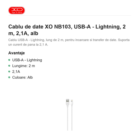 Cablu de date XO NB103, USB-A - Lightning, 2 m, 2,1A, alb [1]