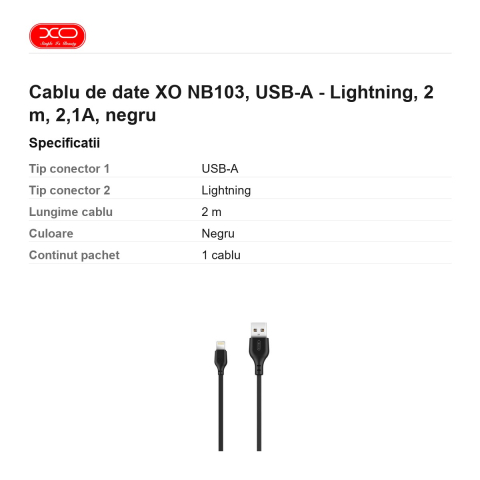 Cablu de date XO NB103, USB-A - Lightning, 2 m, 2,1A, negru [2]