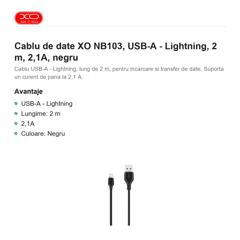 Cablu de date XO NB103, USB-A - Lightning, 2 m, 2,1A, negru [1]