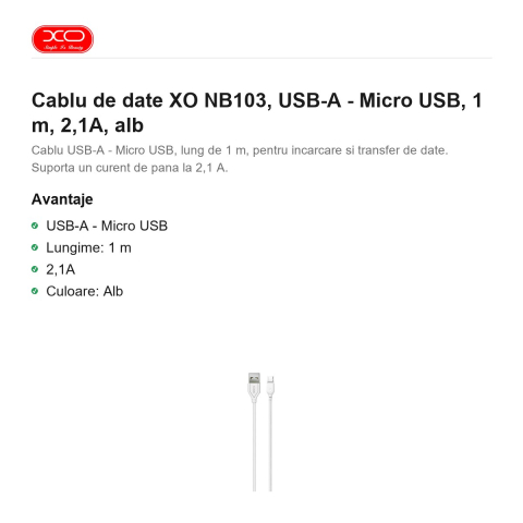 Cablu de date XO NB103, USB-A - Micro USB, 1 m, 2,1A, alb [1]