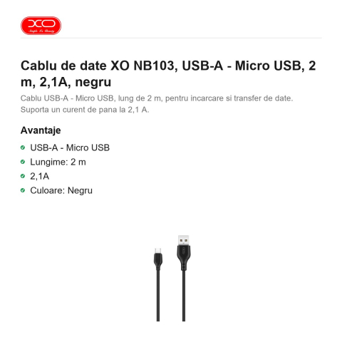 Cablu de date XO NB103, USB-A - Micro USB, 2 m, 2,1A, negru [1]