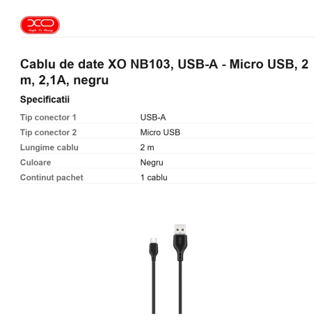 Cablu de date XO NB103, USB-A - Micro USB, 2 m, 2,1A, negru [2]