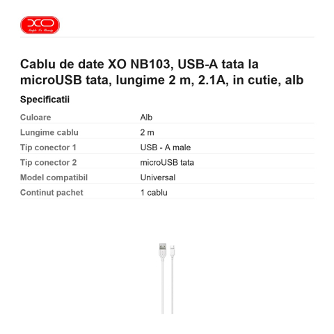 Cablu de date XO NB103, USB-A tata la microUSB tata, lungime 2 m, 2.1A, in cutie, alb [2]