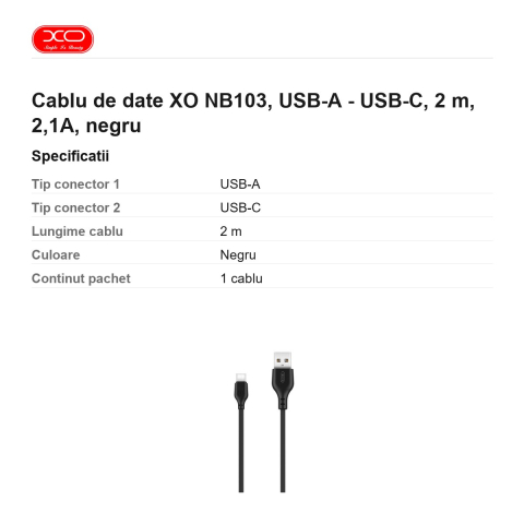 Cablu de date XO NB103, USB-A - USB-C, 2 m, 2,1A, negru [2]