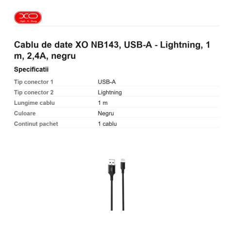 Cablu de date XO NB143, USB-A - Lightning, 1 m, 2,4A, negru [2]