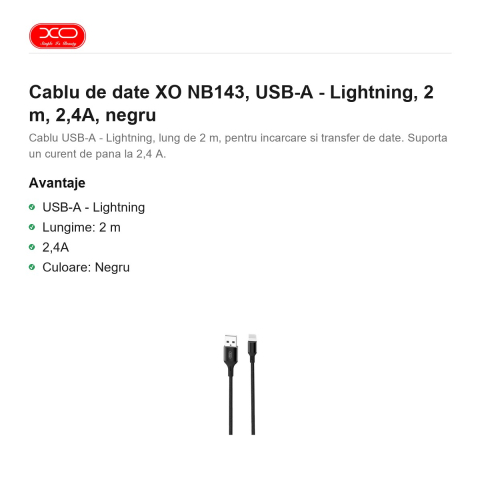 Cablu de date XO NB143, USB-A - Lightning, 2 m, 2,4A, negru [1]