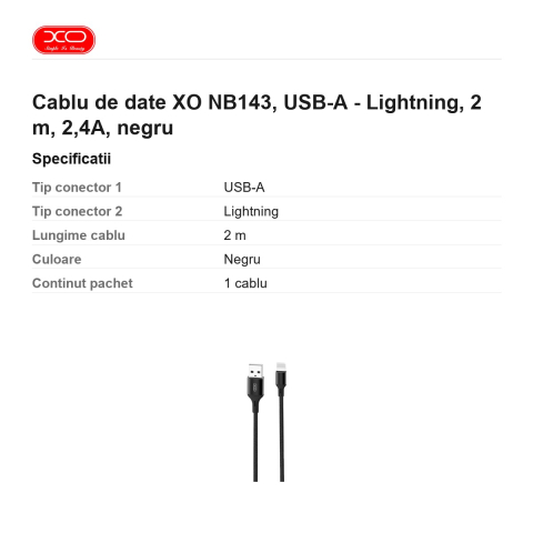 Cablu de date XO NB143, USB-A - Lightning, 2 m, 2,4A, negru [2]