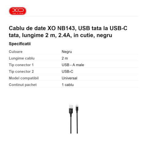 Cablu de date XO NB143, USB tata la USB-C tata, lungime 2 m, 2.4A, in cutie, negru [2]