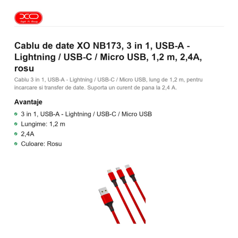 Cablu de date XO NB173, 3 in 1, USB-A - Lightning / USB-C / Micro USB, 1,2 m, 2,4A, rosu [1]