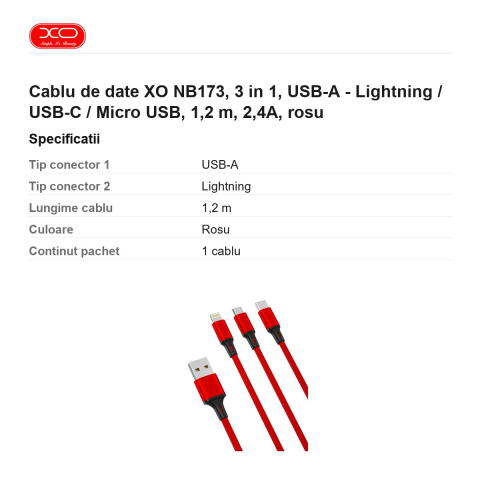 Cablu de date XO NB173, 3 in 1, USB-A - Lightning / USB-C / Micro USB, 1,2 m, 2,4A, rosu [2]