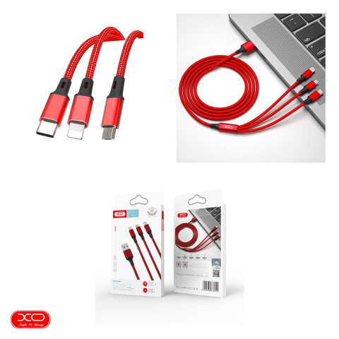 Cablu de date XO NB173, 3 in 1, USB-A - Lightning / USB-C / Micro USB, 1,2 m, 2,4A, rosu [3]
