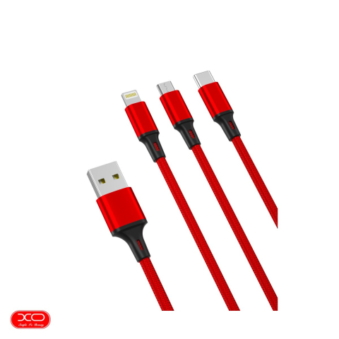 Cabluri de date telefoane - Cablu de date XO NB173, 3 in 1, USB-A - Lightning / USB-C / Micro USB, 1,2 m, 2,4A, rosu