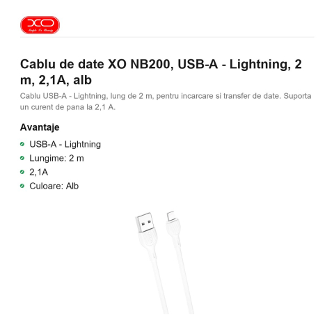 Cablu de date XO NB200, USB-A - Lightning, 2 m, 2,1A, alb [1]