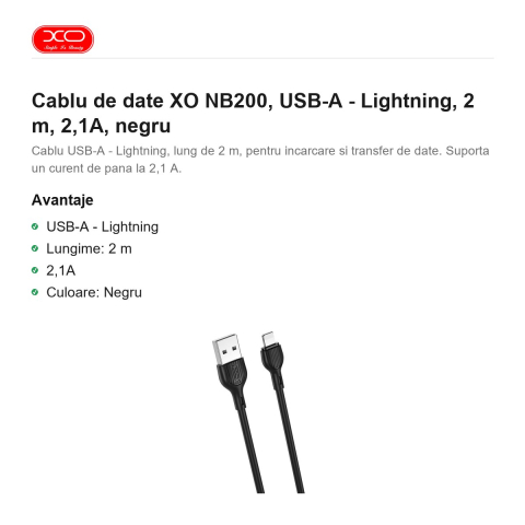 Cablu de date XO NB200, USB-A - Lightning, 2 m, 2,1A, negru [1]