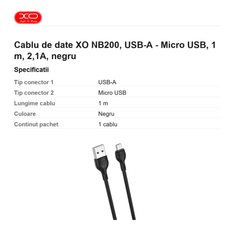 Cablu de date XO NB200, USB-A - Micro USB, 1 m, 2,1A, negru [2]