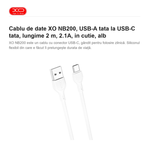 Cablu de date XO NB200, USB-A tata la USB-C tata, lungime 2 m, 2.1A, in cutie, alb [1]