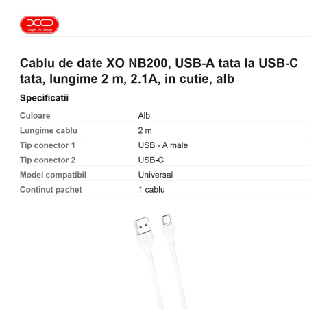Cablu de date XO NB200, USB-A tata la USB-C tata, lungime 2 m, 2.1A, in cutie, alb [2]