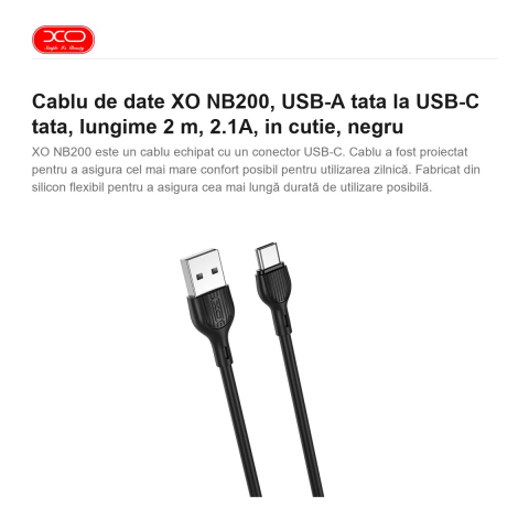 Cablu de date XO NB200, USB-A tata la USB-C tata, lungime 2 m, 2.1A, in cutie, negru [1]