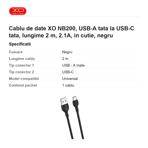Cablu de date XO NB200, USB-A tata la USB-C tata, lungime 2 m, 2.1A, in cutie, negru [2]
