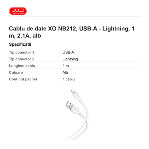 Cablu de date XO NB212, USB-A - Lightning, 1 m, 2,1A, alb [2]
