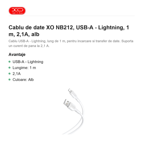 Cablu de date XO NB212, USB-A - Lightning, 1 m, 2,1A, alb [1]