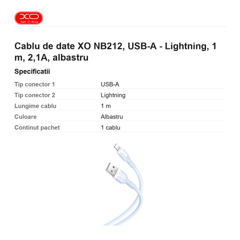 Cablu de date XO NB212, USB-A - Lightning, 1 m, 2,1A, albastru [2]