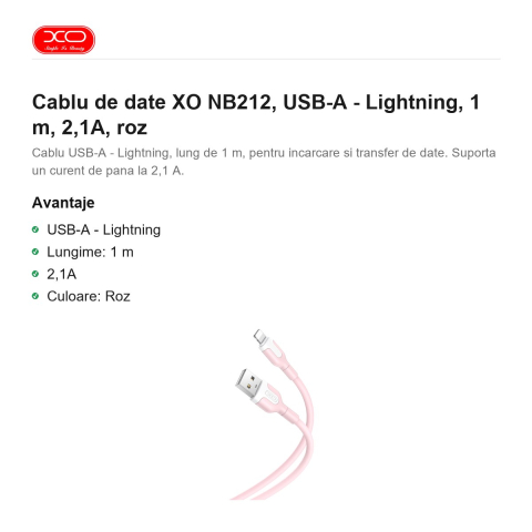 Cablu de date XO NB212, USB-A - Lightning, 1 m, 2,1A, roz [1]