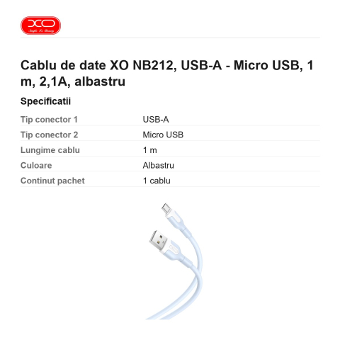 Cablu de date XO NB212, USB-A - Micro USB, 1 m, 2,1A, albastru [2]