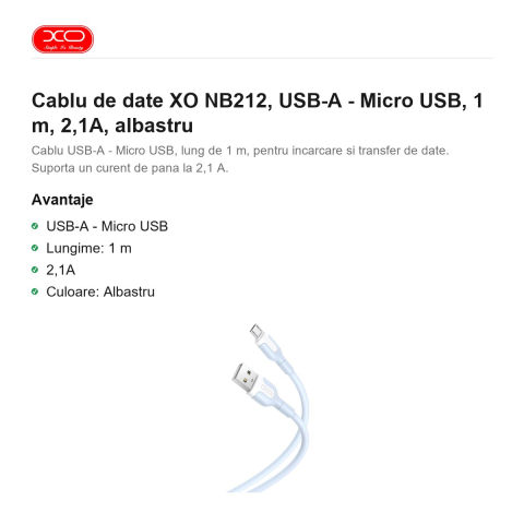 Cablu de date XO NB212, USB-A - Micro USB, 1 m, 2,1A, albastru [1]