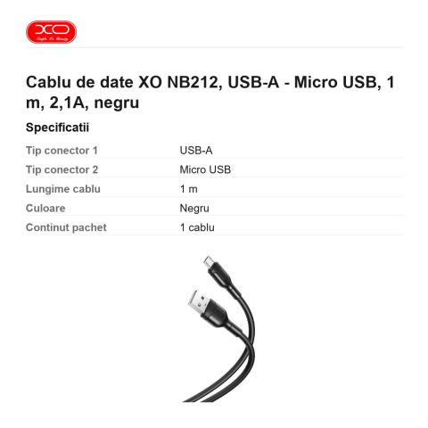 Cablu de date XO NB212, USB-A - Micro USB, 1 m, 2,1A, negru [2]