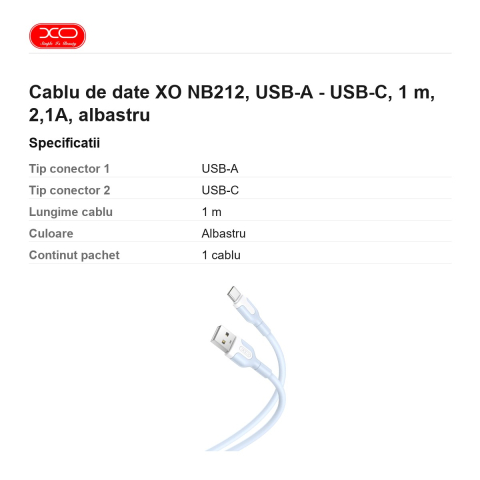 Cablu de date XO NB212, USB-A - USB-C, 1 m, 2,1A, albastru [2]