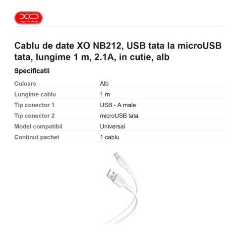Cablu de date XO NB212, USB tata la microUSB tata, lungime 1 m, 2.1A, in cutie, alb [2]