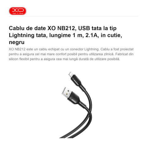 Cablu de date XO NB212, USB tata la tip Lightning tata, lungime 1 m, 2.1A, in cutie, negru [1]