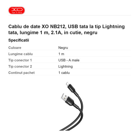 Cablu de date XO NB212, USB tata la tip Lightning tata, lungime 1 m, 2.1A, in cutie, negru [2]