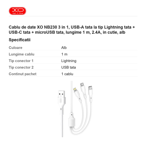 Cablu de date XO NB230 3 in 1, USB-A tata la tip Lightning tata + USB-C tata + microUSB tata, lungime 1 m, 2.4A, in cutie, alb [2]