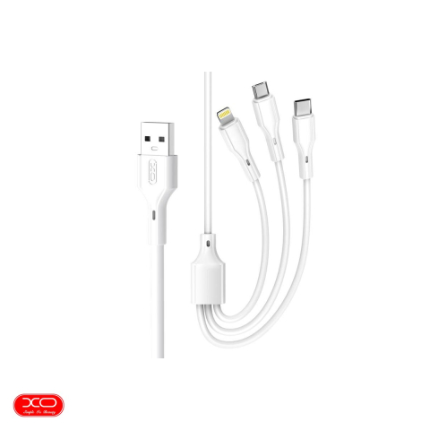 Accesorii smartphone - Cablu de date XO NB230 3 in 1, USB-A tata la tip Lightning tata + USB-C tata + microUSB tata, lungime 1 m, 2.4A, in cutie, alb