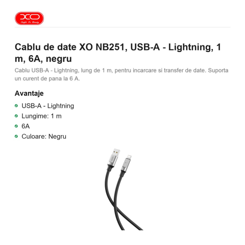 Cablu de date XO NB251, USB-A - Lightning, 1 m, 6A, negru [1]
