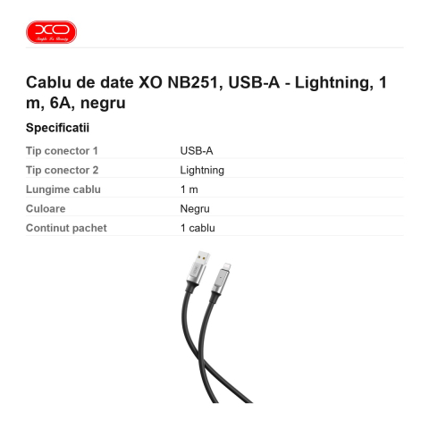 Cablu de date XO NB251, USB-A - Lightning, 1 m, 6A, negru [2]