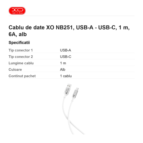 Cablu de date XO NB251, USB-A - USB-C, 1 m, 6A, alb [2]